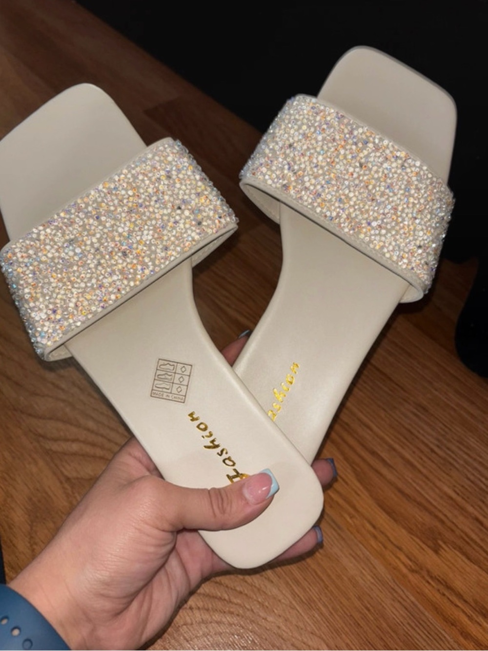 SHEIN Ivory Crystal-Embellished Slide Sandals